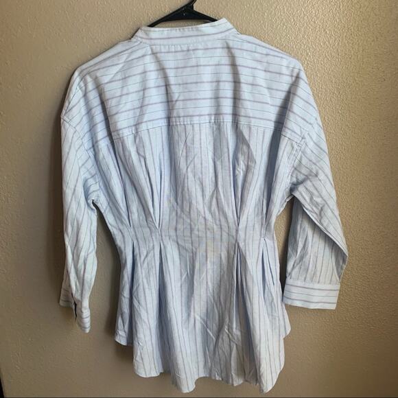 Anthropologie Maeve Blue Pinstriped Pleated Waist Button Down Shirt Size 0 - Picture 7 of 7